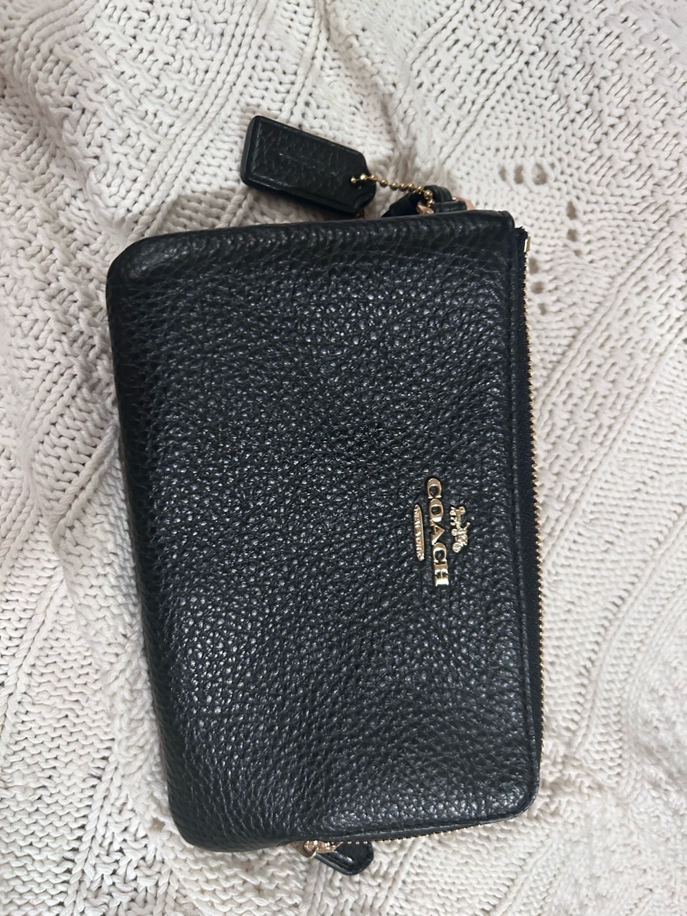 Coach Double Zip Wristlet Pebbled Black Leather